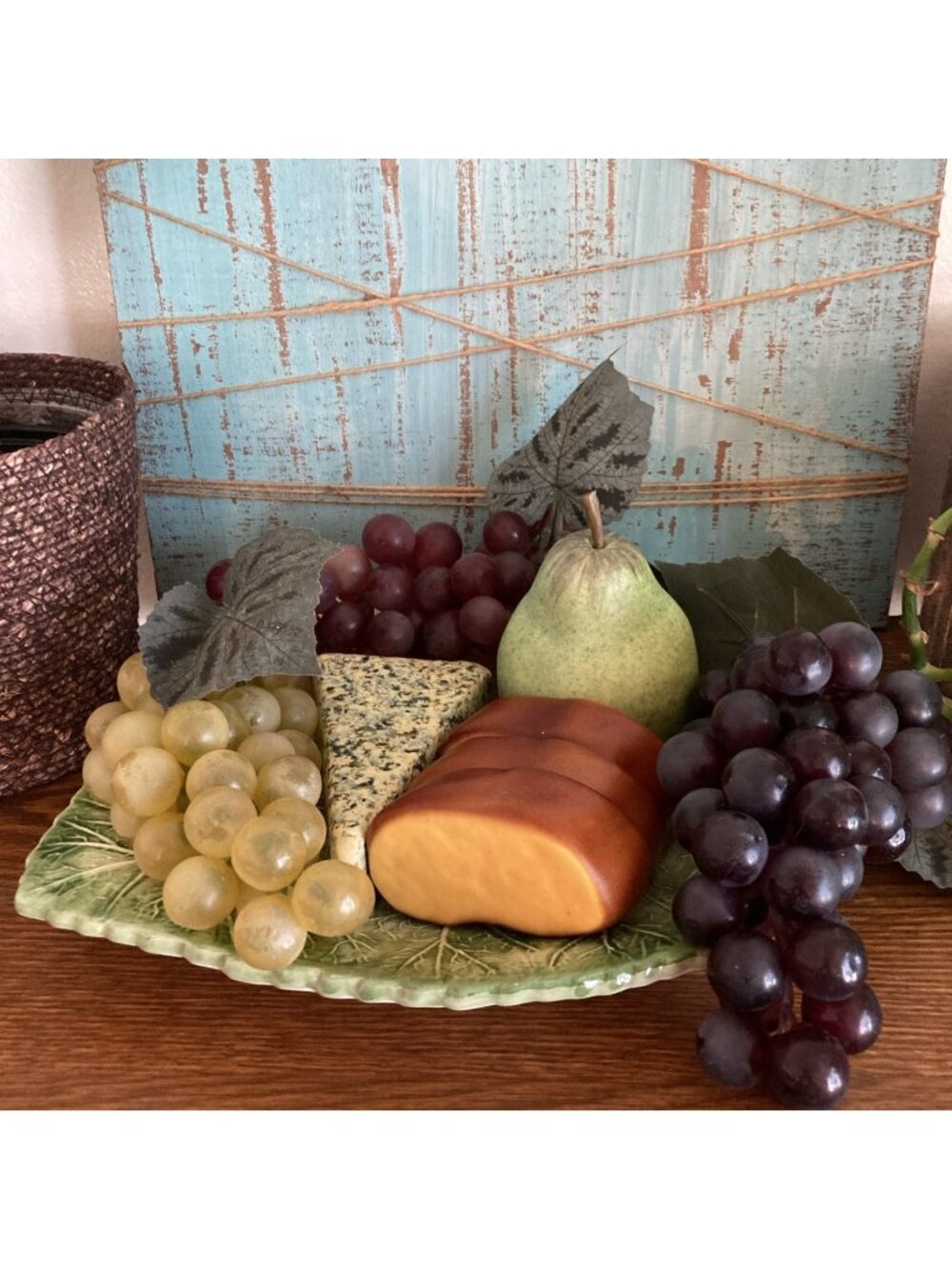 VTG 8 pc Faux Fruit Lot Waxed & Plastic Pear Grapes Blue Cheese Sliced Bread